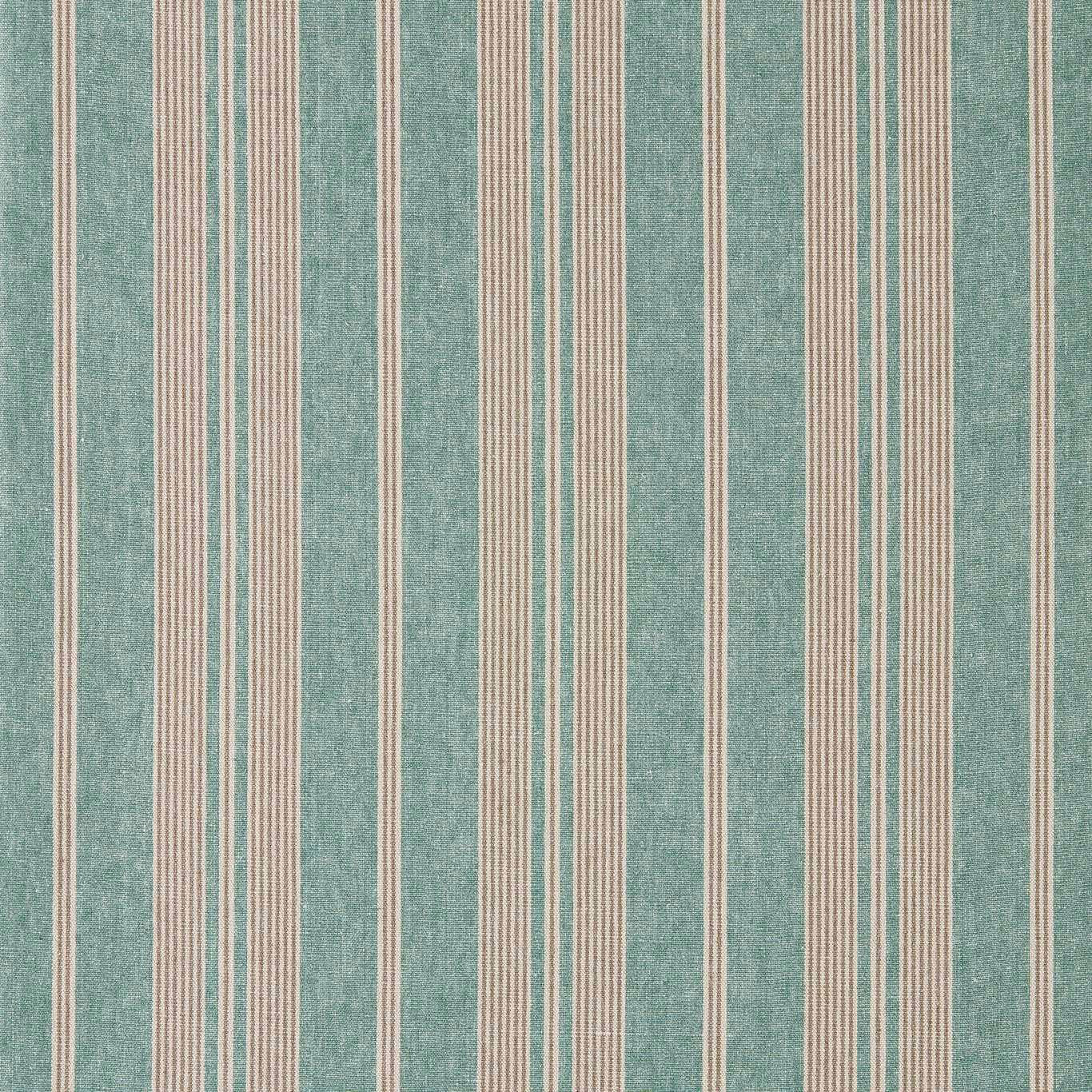 Vertical mineral blue and cream striped woven fabric with a softly textured surface