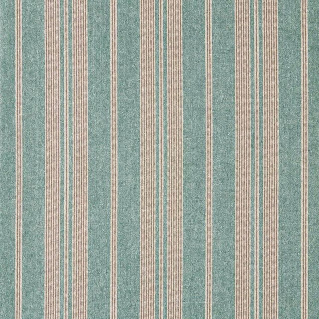 Vertical mineral blue and cream striped woven fabric with a softly textured surface