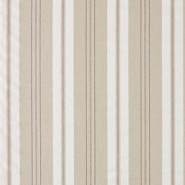 Vertical stone beige stripe fabric with fine taupe pinlines and cream bands