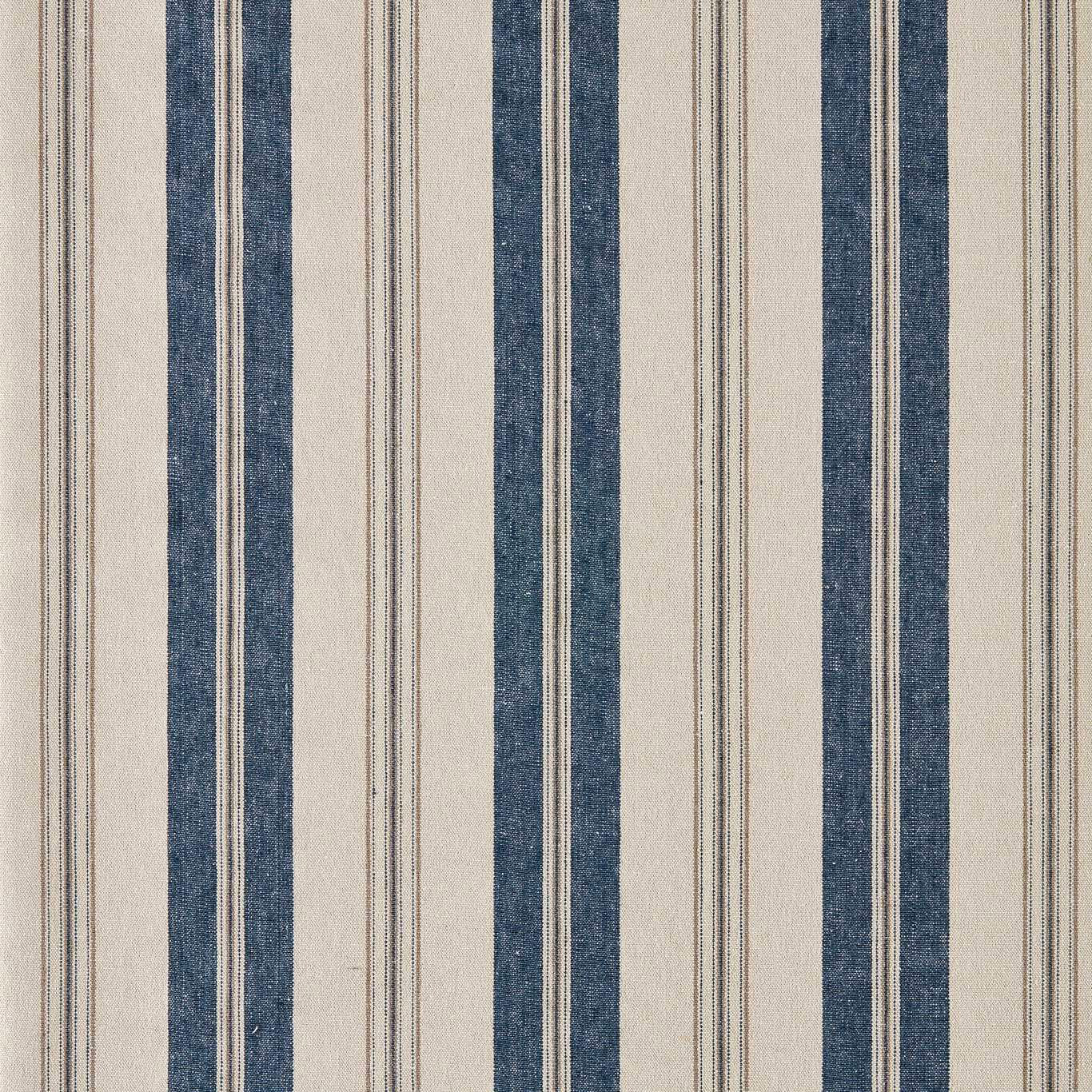 Blue and cream vertical stripe fabric swatch with fine pinstripe detailing
