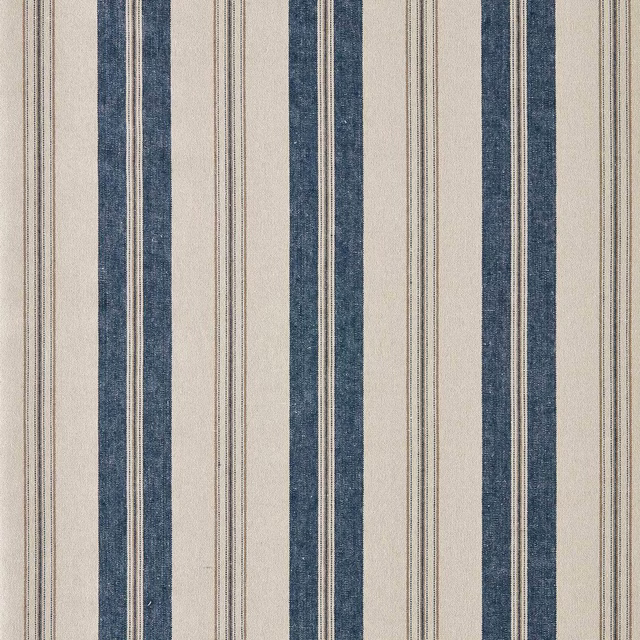 Blue and cream vertical stripe fabric swatch with fine pinstripe detailing