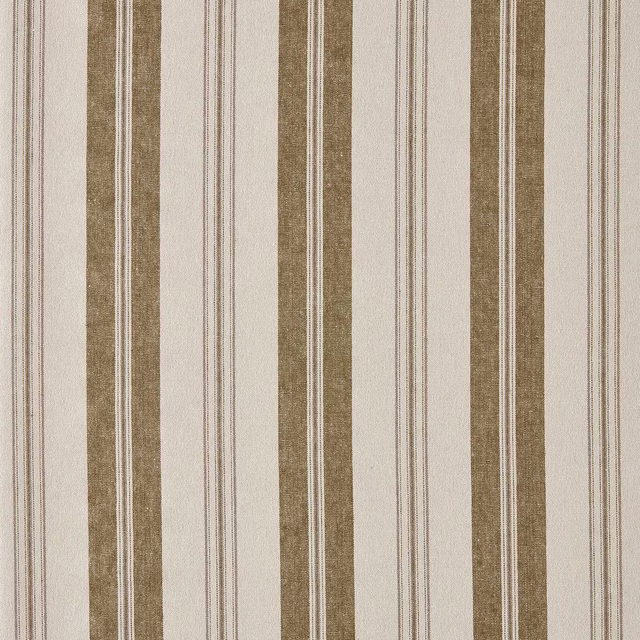 Vertical moss olive stripes on a soft neutral woven fabric swatch