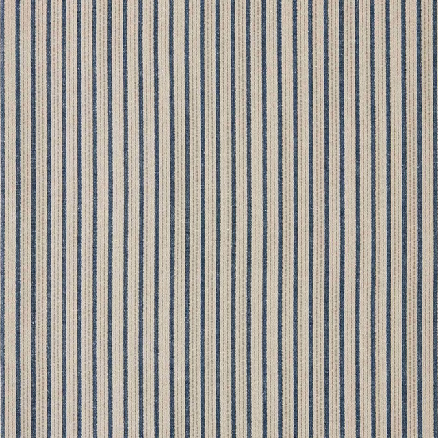 Close-up of narrow blue and cream vertical striped woven fabric