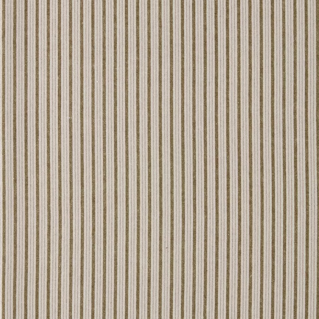 Vertical narrow moss olive stripes on a warm off-white woven fabric swatch