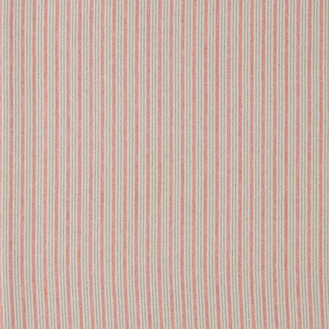 Vertical rose pink and cream pinstripes on a softly textured woven fabric swatch