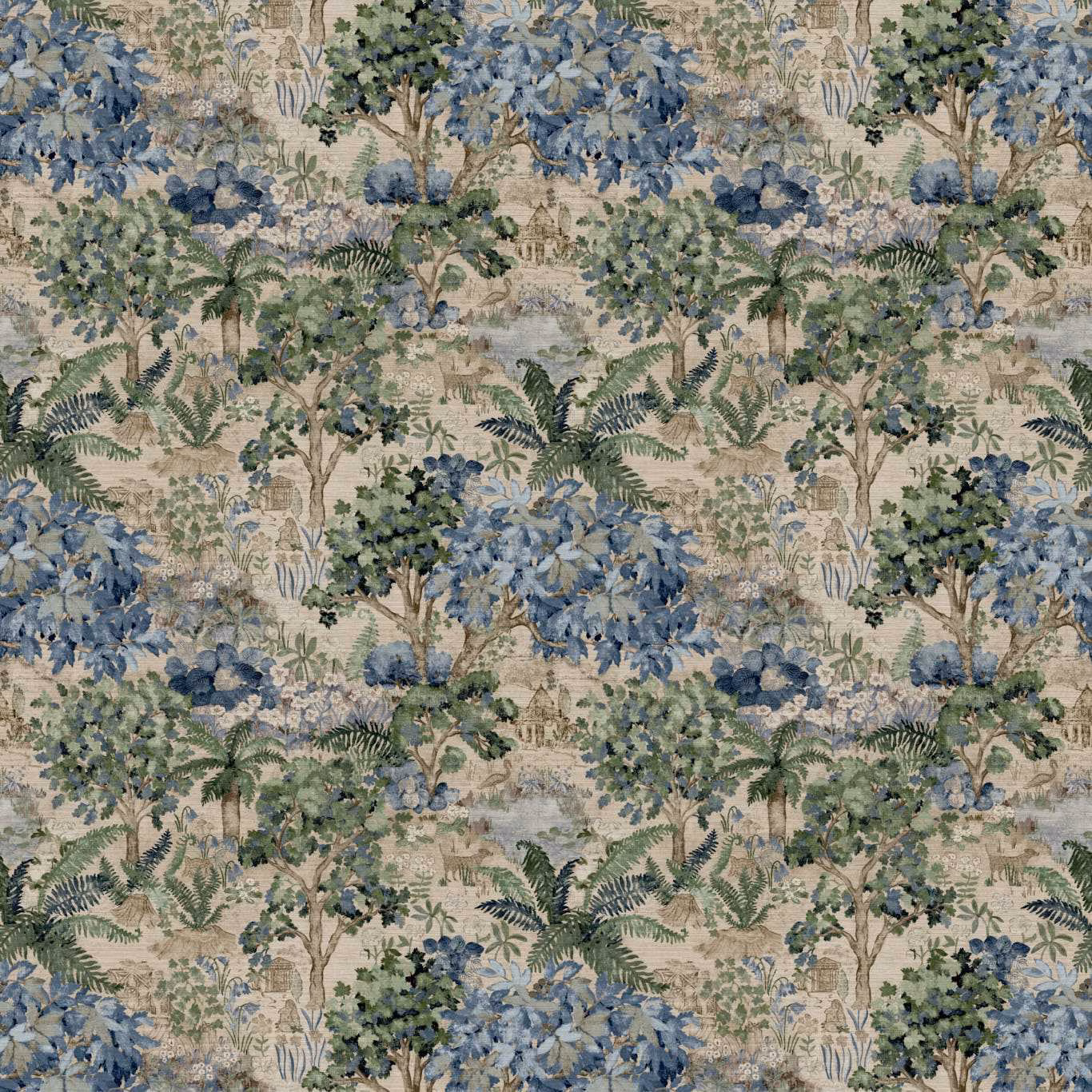 Blue and sage jungle foliage with ferns over a warm beige mural ground