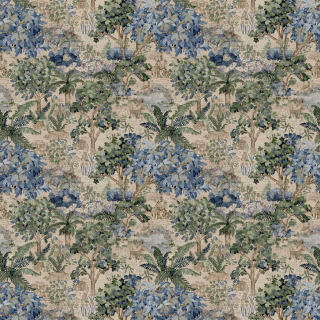 Blue and sage jungle foliage with ferns over a warm beige mural ground