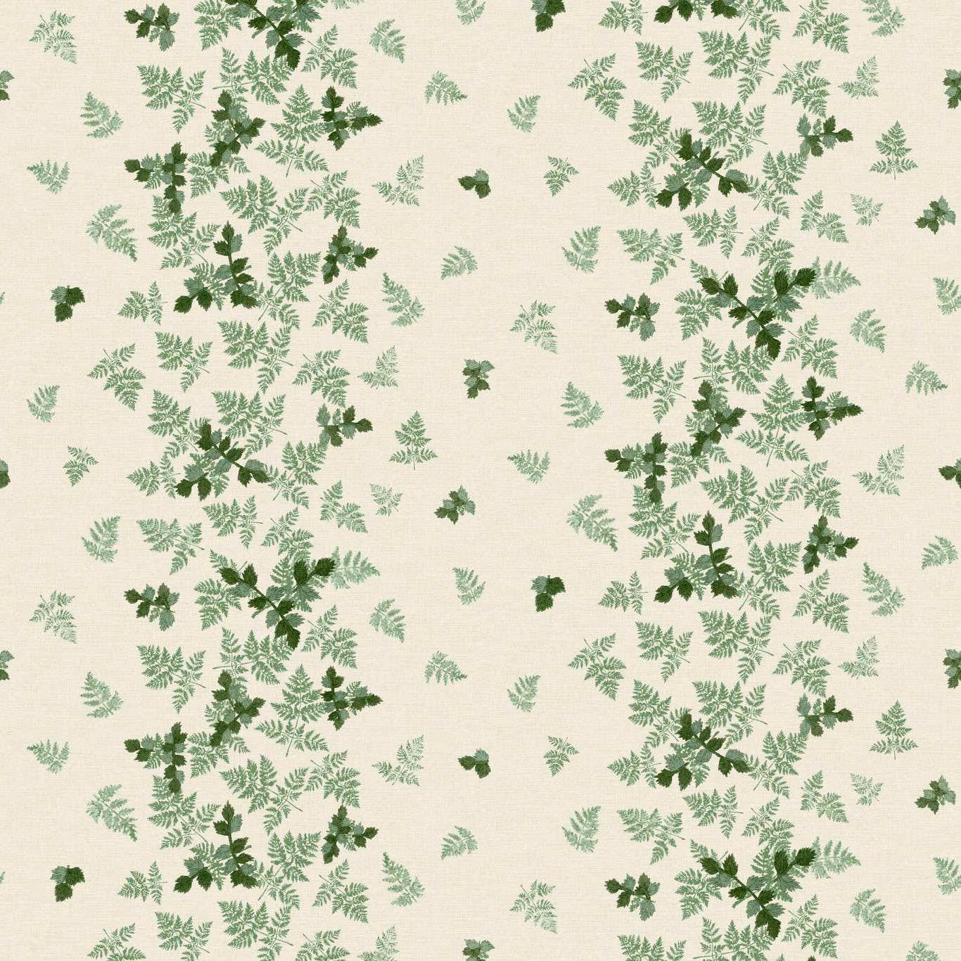 Pale silver ground with clustered green fern sprays and scattered leafy sprigs