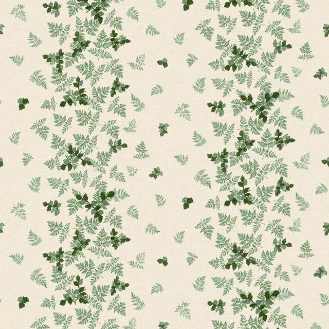 Pale silver ground with clustered green fern sprays and scattered leafy sprigs