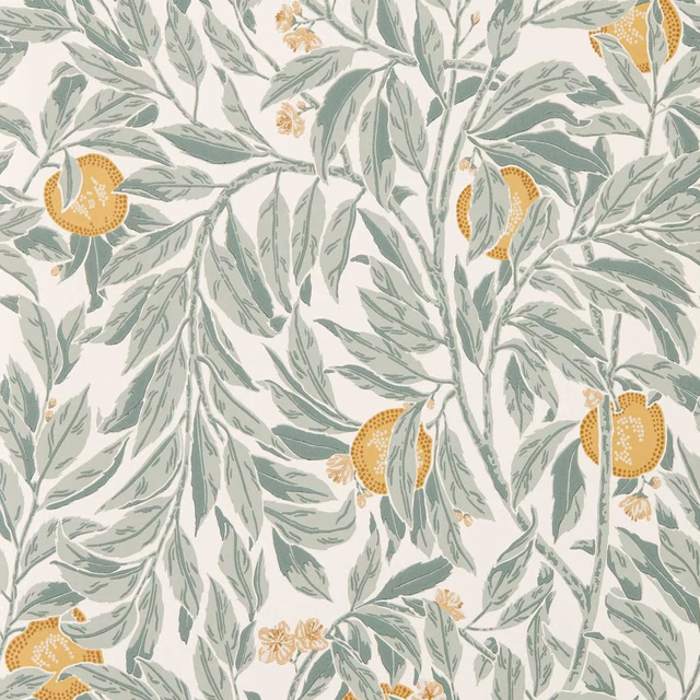 Sage leafy branches and golden apple motifs on a warm cream wallpaper ground