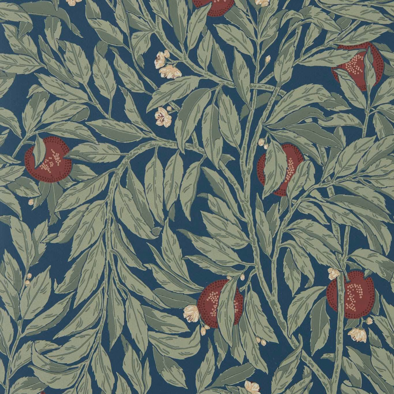 Midnight blue wallpaper with sage leafy branches, red apples and pale blossoms