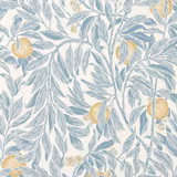 Pale Wedgwood blue leafy branches with ochre fruit clusters on a cream ground