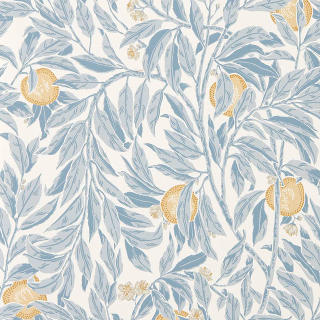 Pale Wedgwood blue leafy branches with ochre fruit clusters on a cream ground
