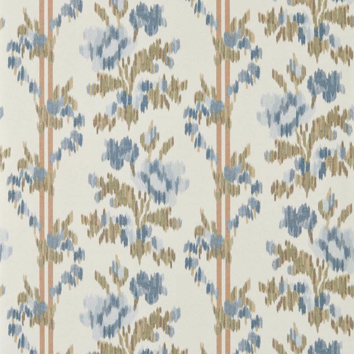 Cream wallpaper with blue and olive floral clusters between narrow terracotta stripes