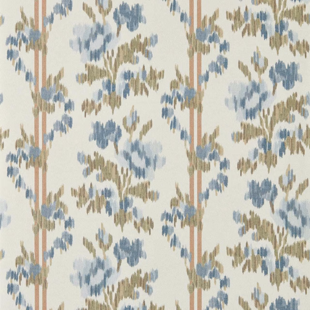Cream wallpaper with blue and olive floral clusters between narrow terracotta stripes