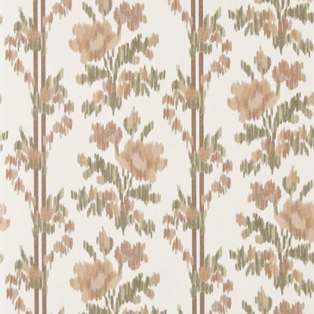 Parchment wallpaper with dusty rose blooms, olivine leaves and slender brown stems