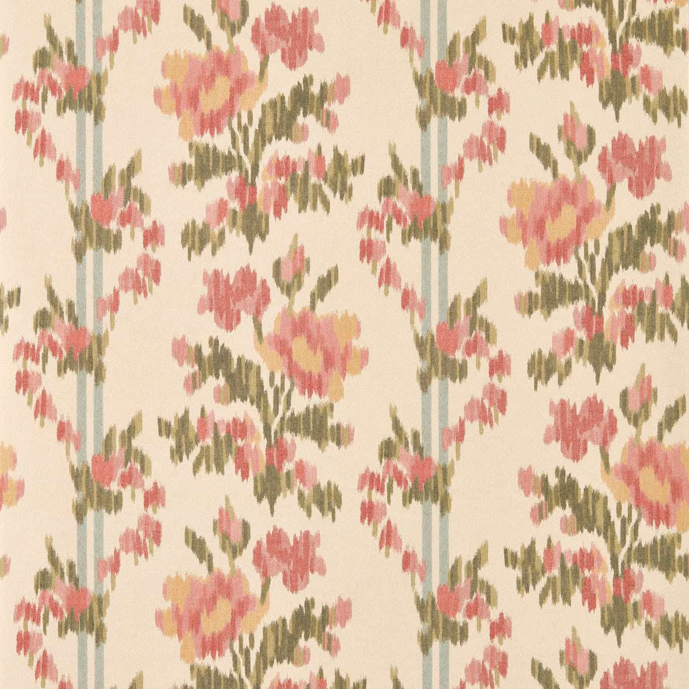 Cream wallpaper with rose-pink chintz flowers, olive leaves and pale blue stripes