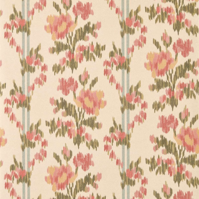 Cream wallpaper with rose-pink chintz flowers, olive leaves and pale blue stripes