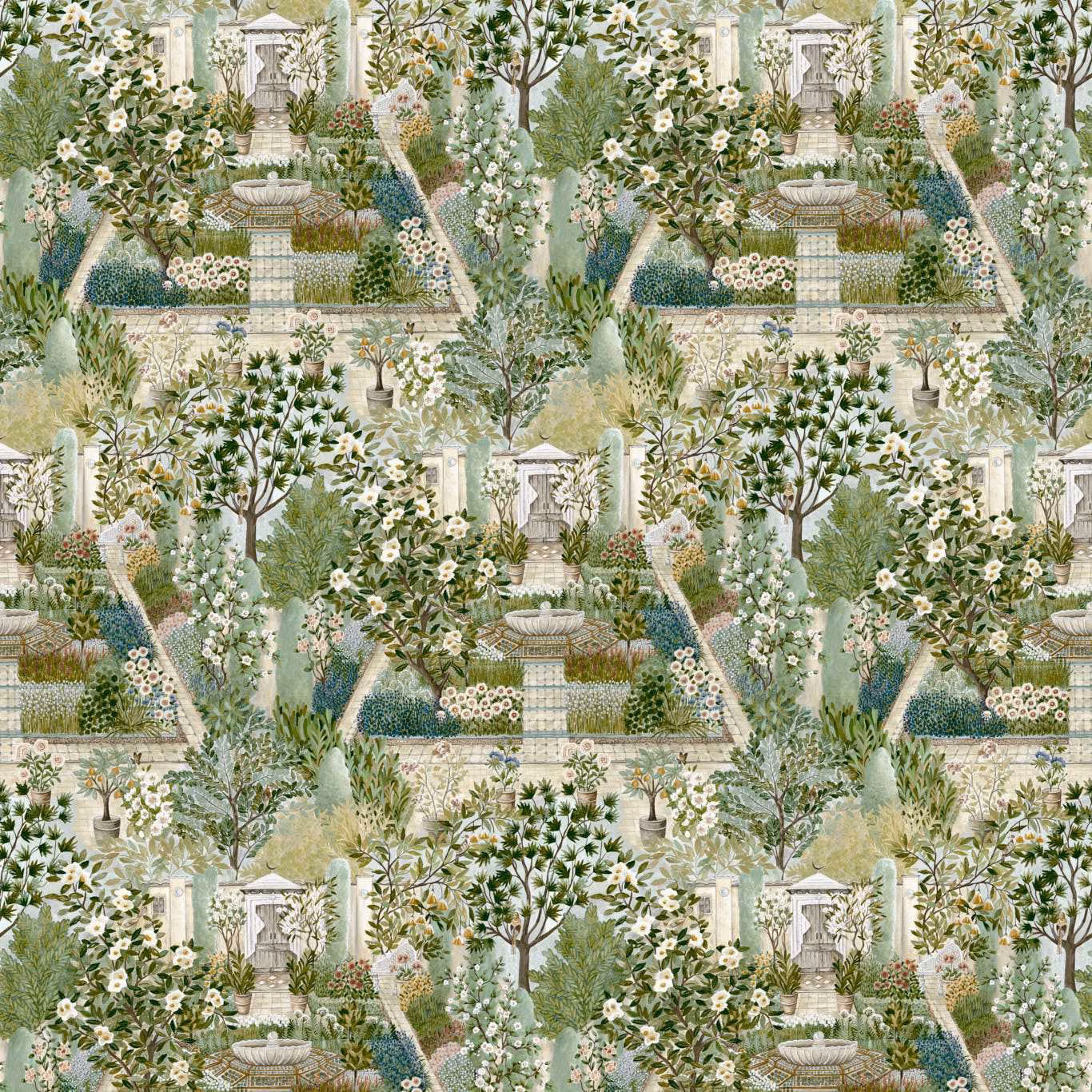 Sage garden wallpaper with urns, paths, flowering borders and pale blue foliage
