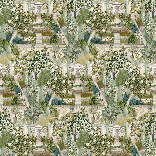 Sage garden wallpaper with urns, paths, flowering borders and pale blue foliage