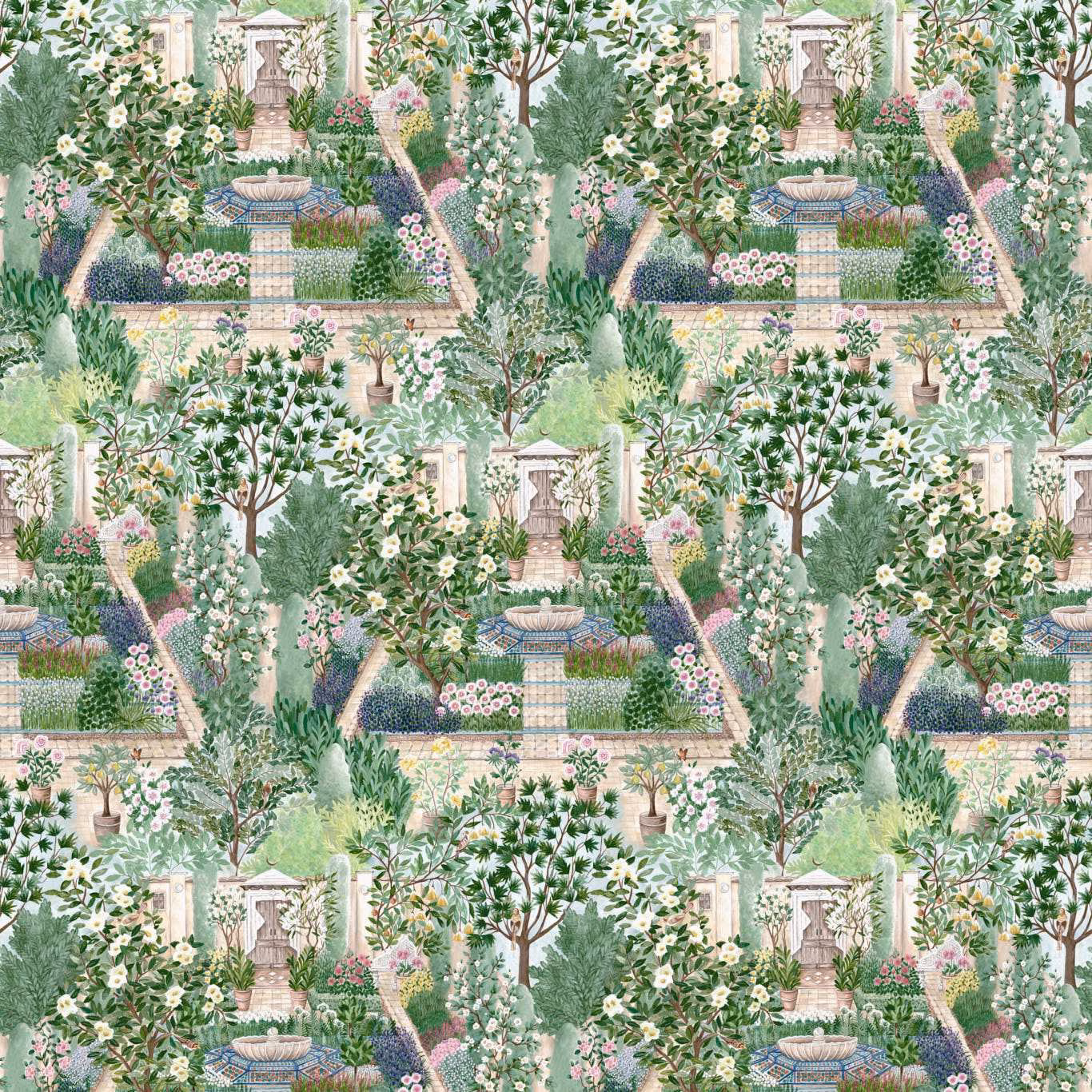 Muted sage garden wallpaper with stone urns, paths, trees and blush flowers