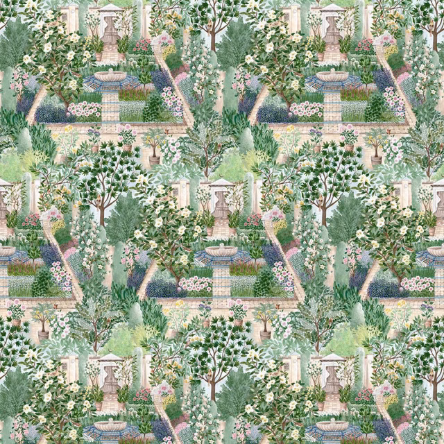Muted sage garden wallpaper with stone urns, paths, trees and blush flowers