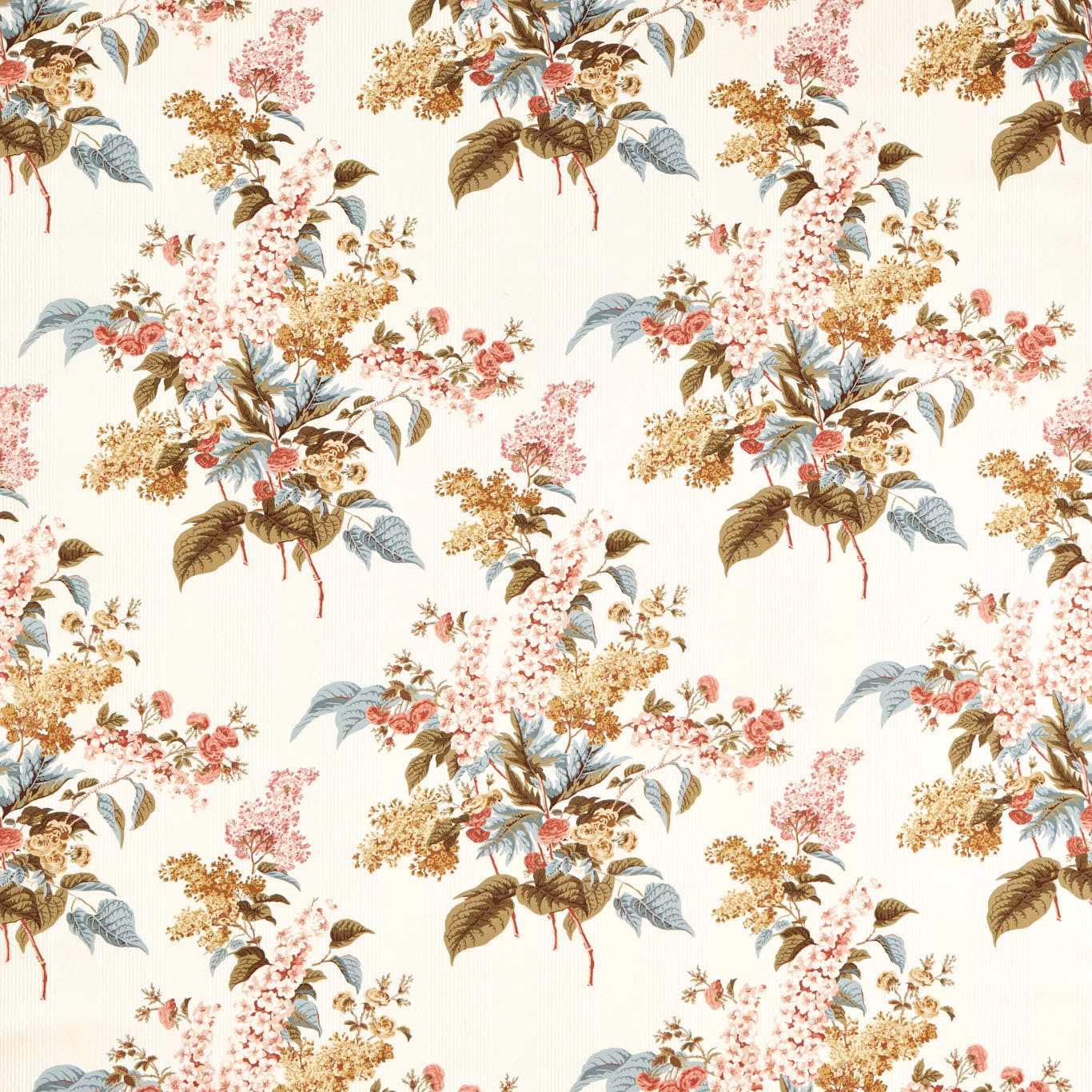 Cream wallpaper with pink delphiniums, blue leaves, sepia foliage and floral clusters