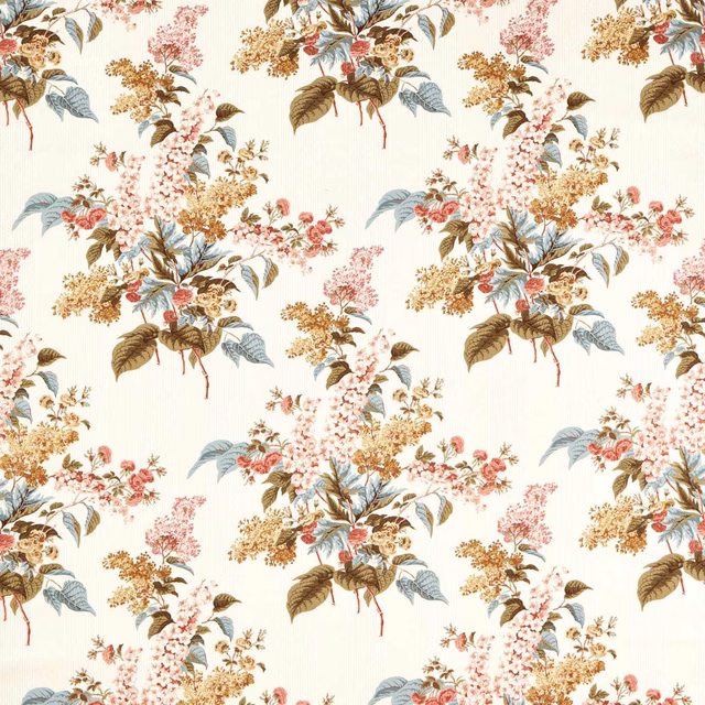 Cream wallpaper with pink delphiniums, blue leaves, sepia foliage and floral clusters
