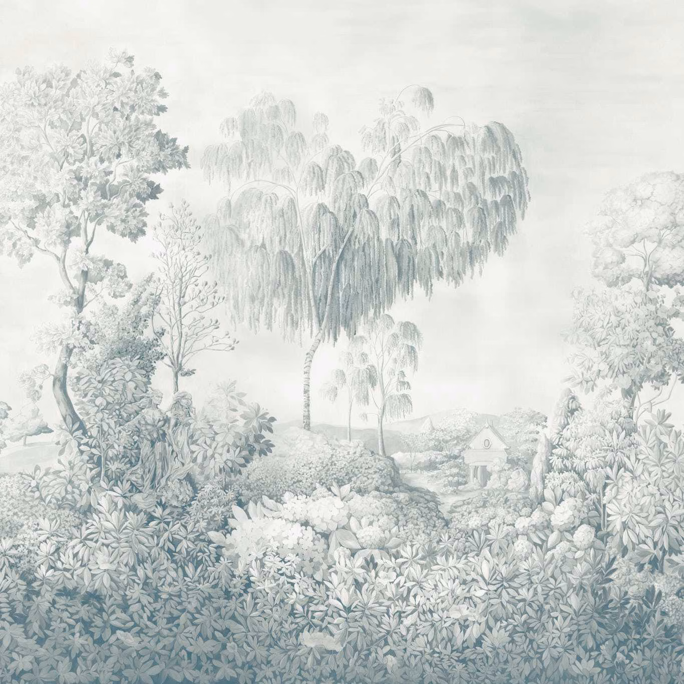 Pale blue-grey scenic wallpaper with willow trees, cottage and layered leafy planting