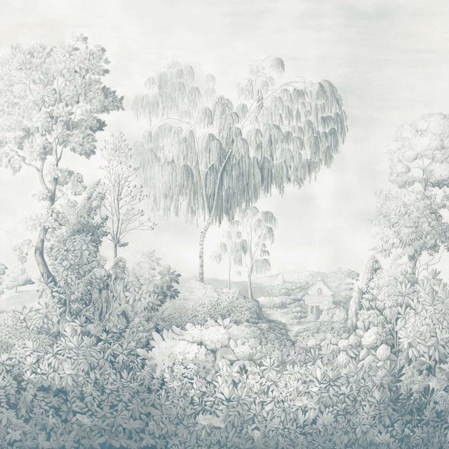 Pale blue-grey scenic wallpaper with willow trees, cottage and layered leafy planting