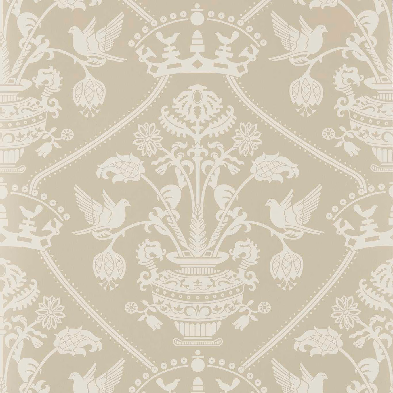 Muted taupe wallpaper with ivory urns, birds, florals and dotted damask trails