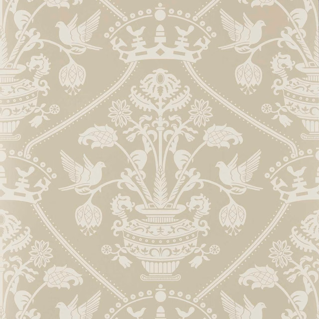 Muted taupe wallpaper with ivory urns, birds, florals and dotted damask trails