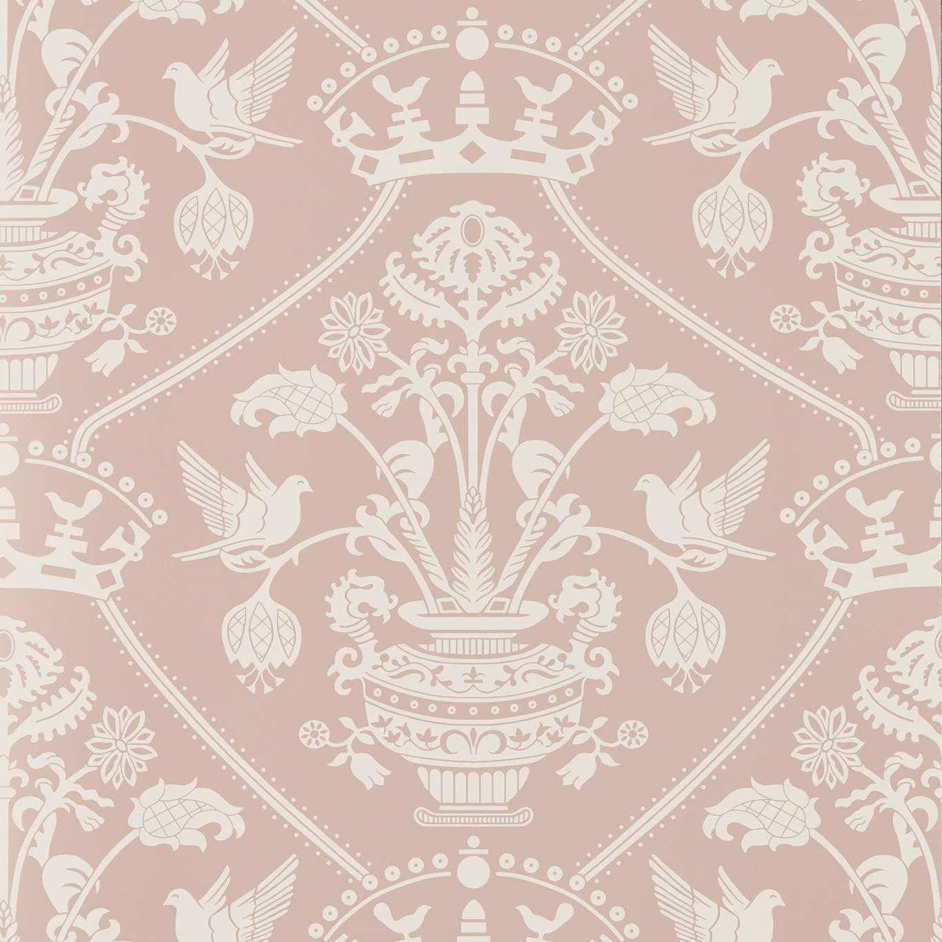 Dusty rose wallpaper with ivory birds, urns and scrolling botanical damask motifs