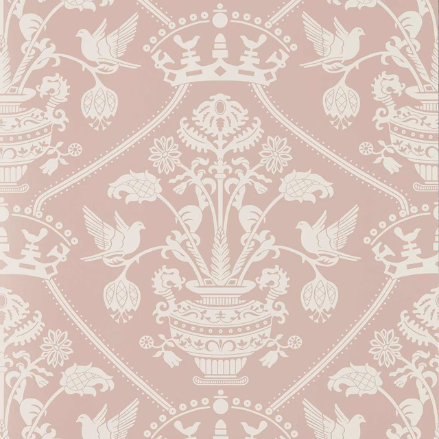 Dusty rose wallpaper with ivory birds, urns and scrolling botanical damask motifs