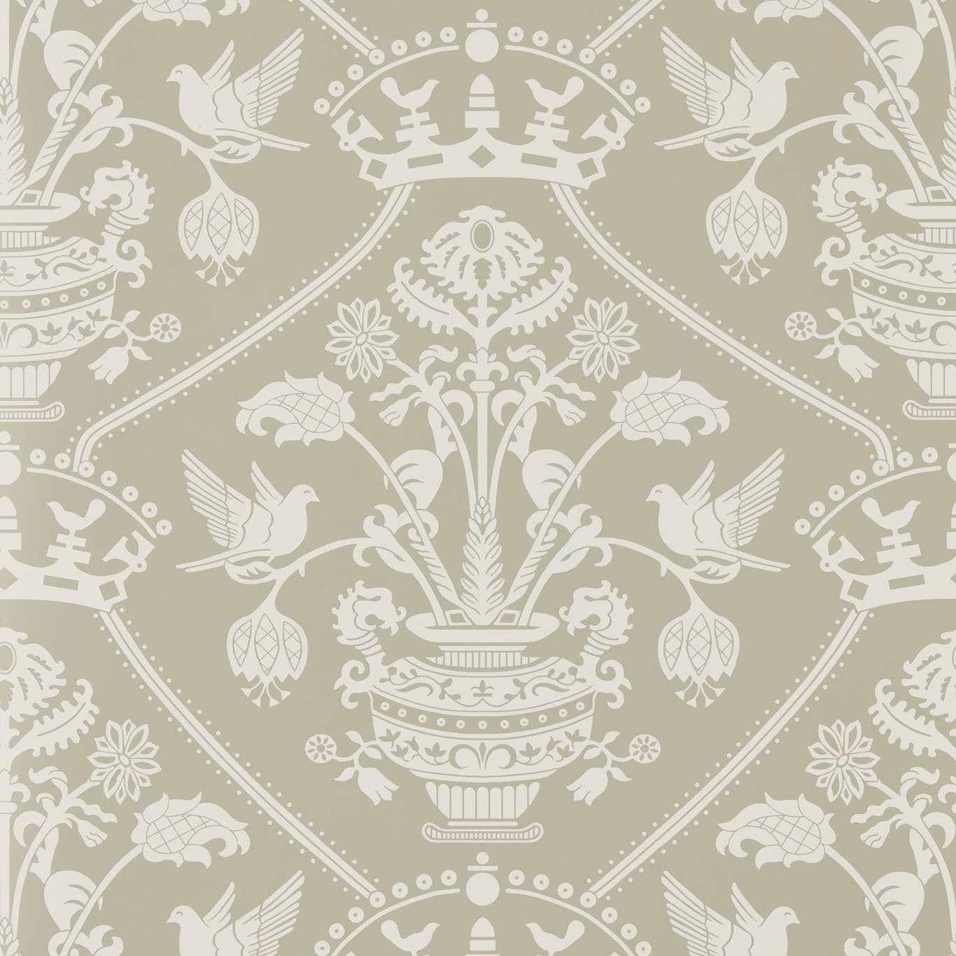 Muted silver-green damask wallpaper with ivory urns, birds and scrolling botanical motifs