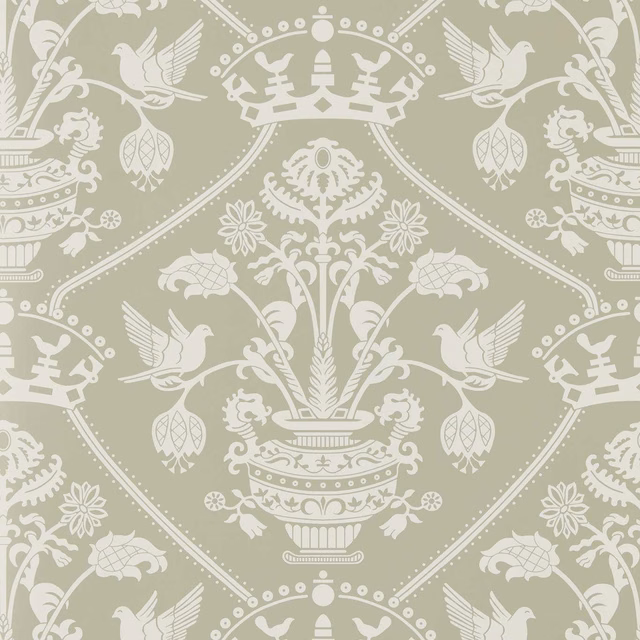 Muted silver-green damask wallpaper with ivory urns, birds and scrolling botanical motifs