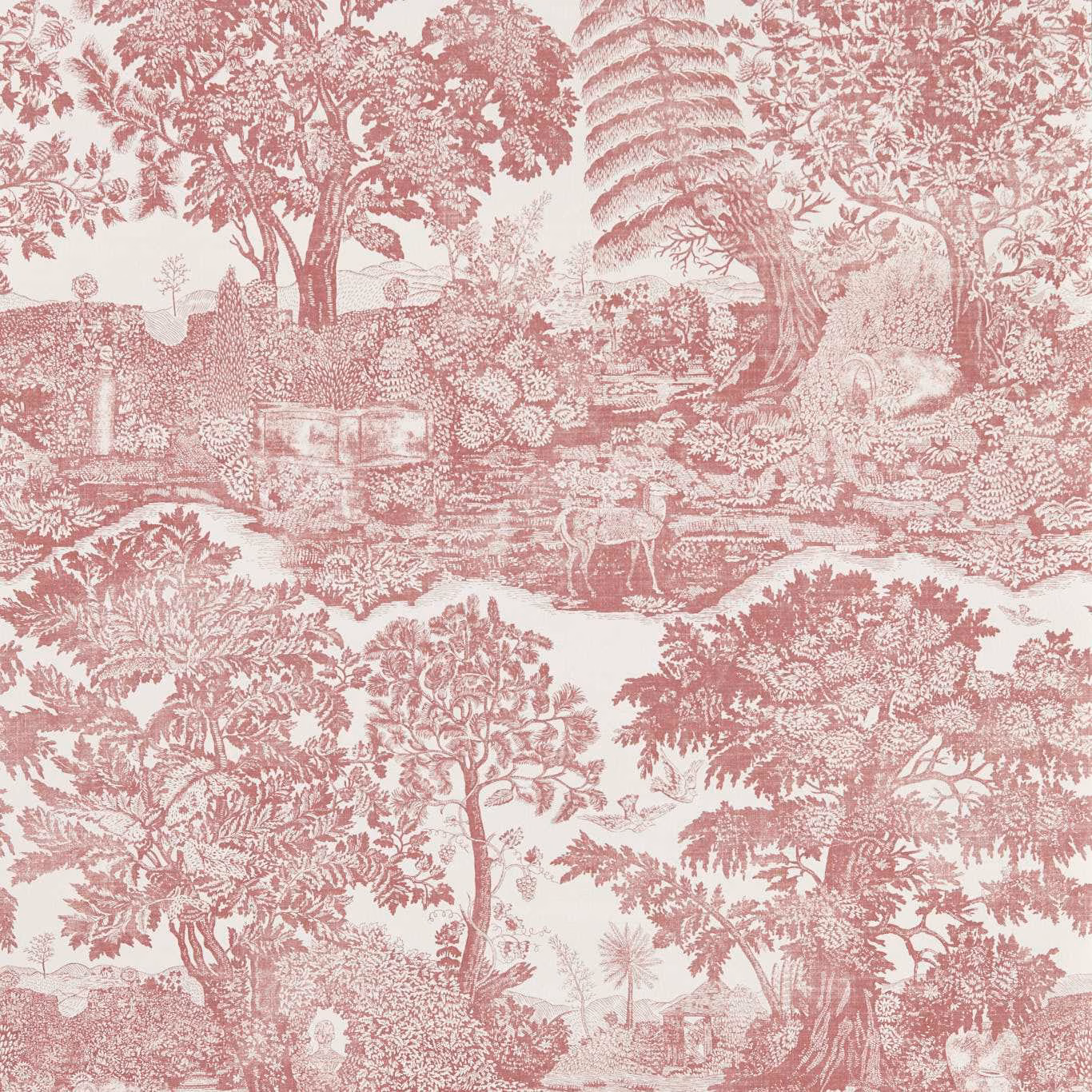 Muted madder-rose toile with trees, a garden bridge and distant figures