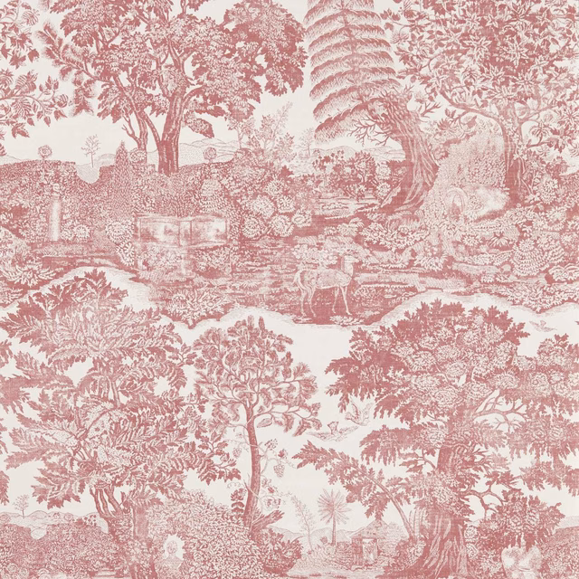 Muted madder-rose toile with trees, a garden bridge and distant figures