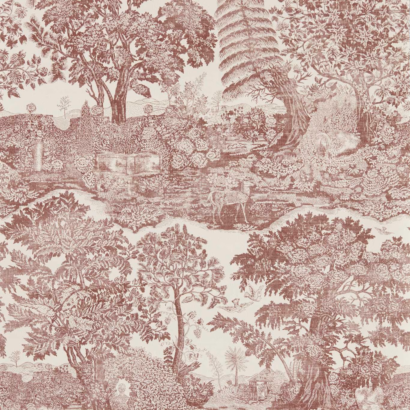 Dusty rose pastoral toile with trees and figures on an ivory ground