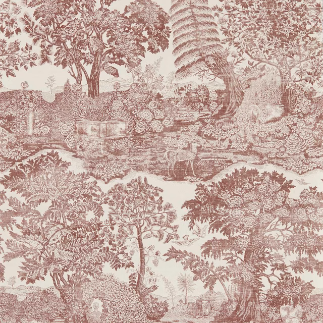Dusty rose pastoral toile with trees and figures on an ivory ground