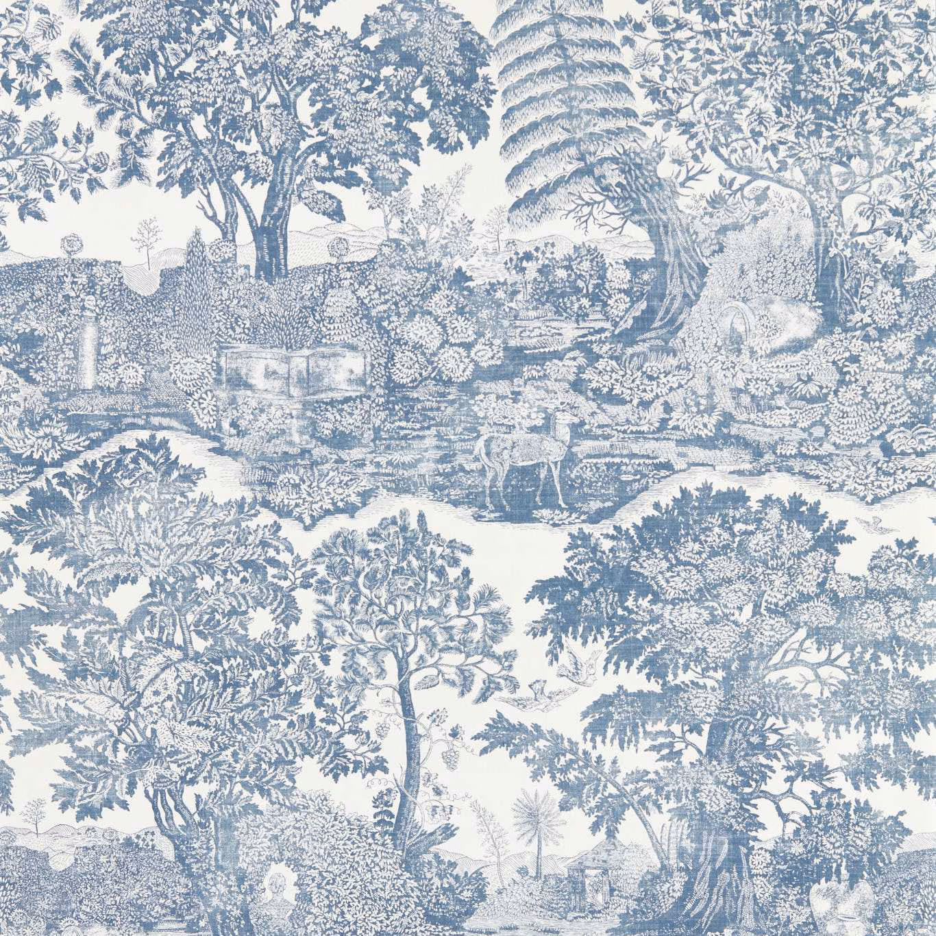 Cool dusty blue pastoral toile with trees, water and fine foliage on an ivory ground