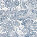 Cool dusty blue pastoral toile with trees, water and fine foliage on an ivory ground