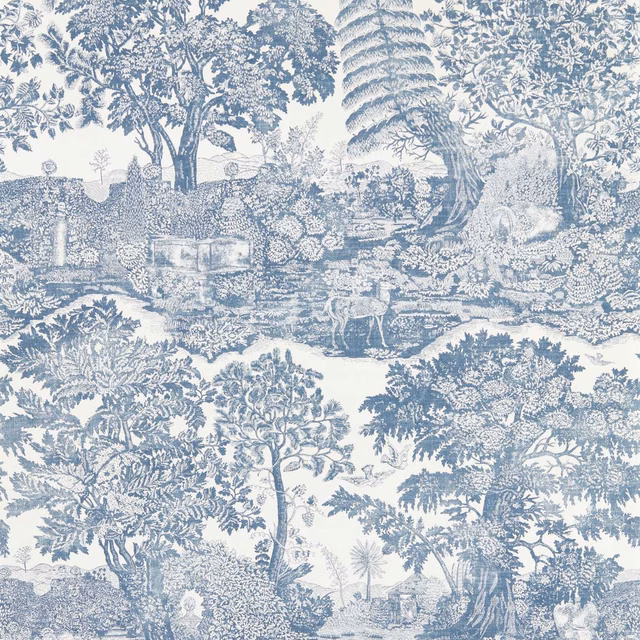 Cool dusty blue pastoral toile with trees, water and fine foliage on an ivory ground