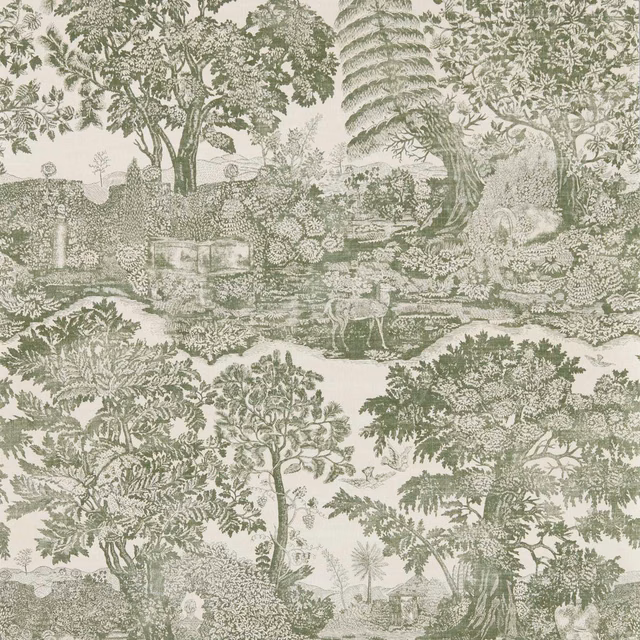 Muted yew-green toile showing trees, foliage, figures and a garden landscape on ivory.