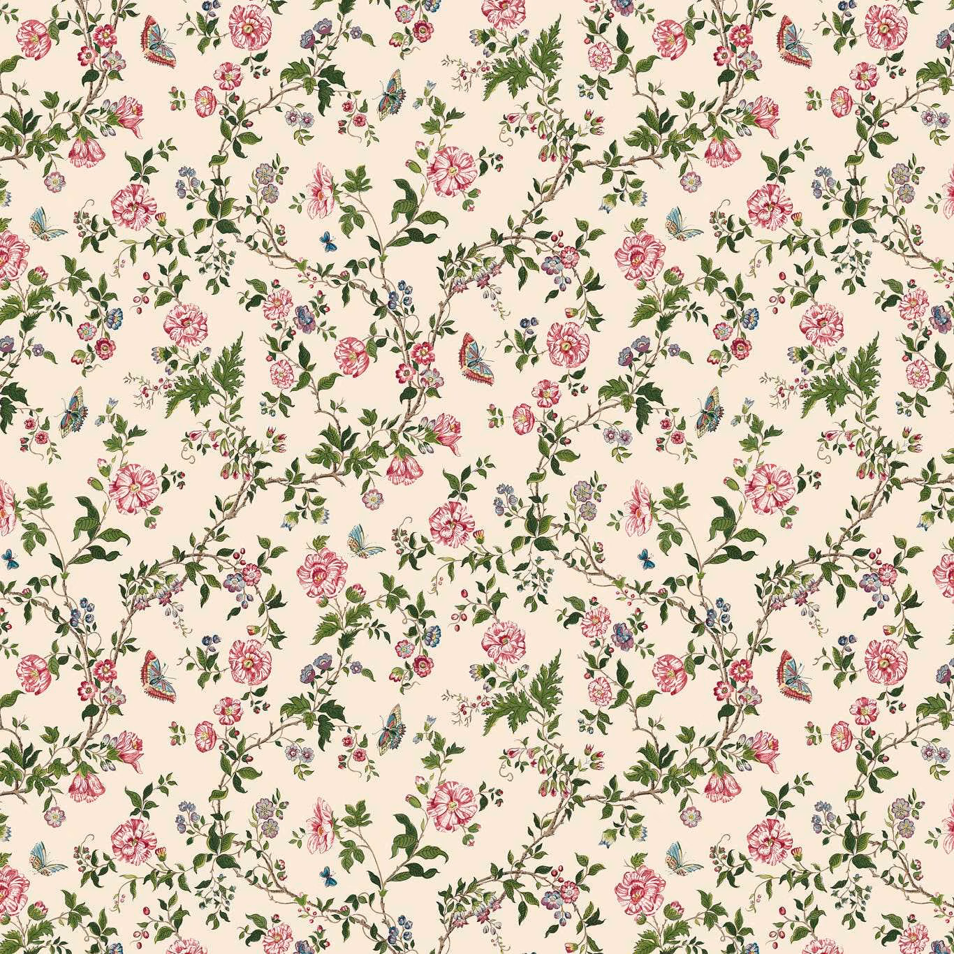 Warm ivory wallpaper with pink roses, leafy green trails, birds and butterflies