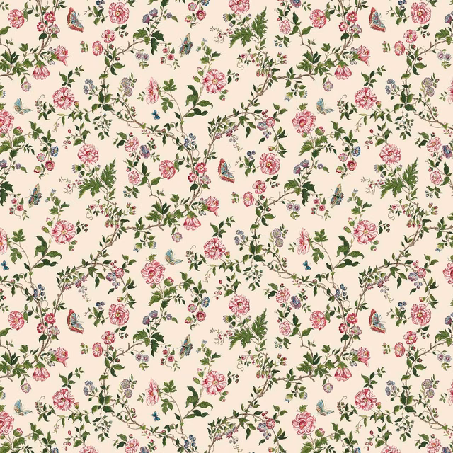 Warm ivory wallpaper with pink roses, leafy green trails, birds and butterflies