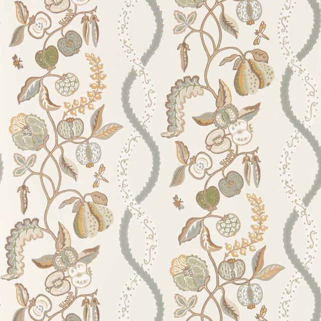 Pale cream wallpaper with sage serpentine bands and muted pear botanical sprigs