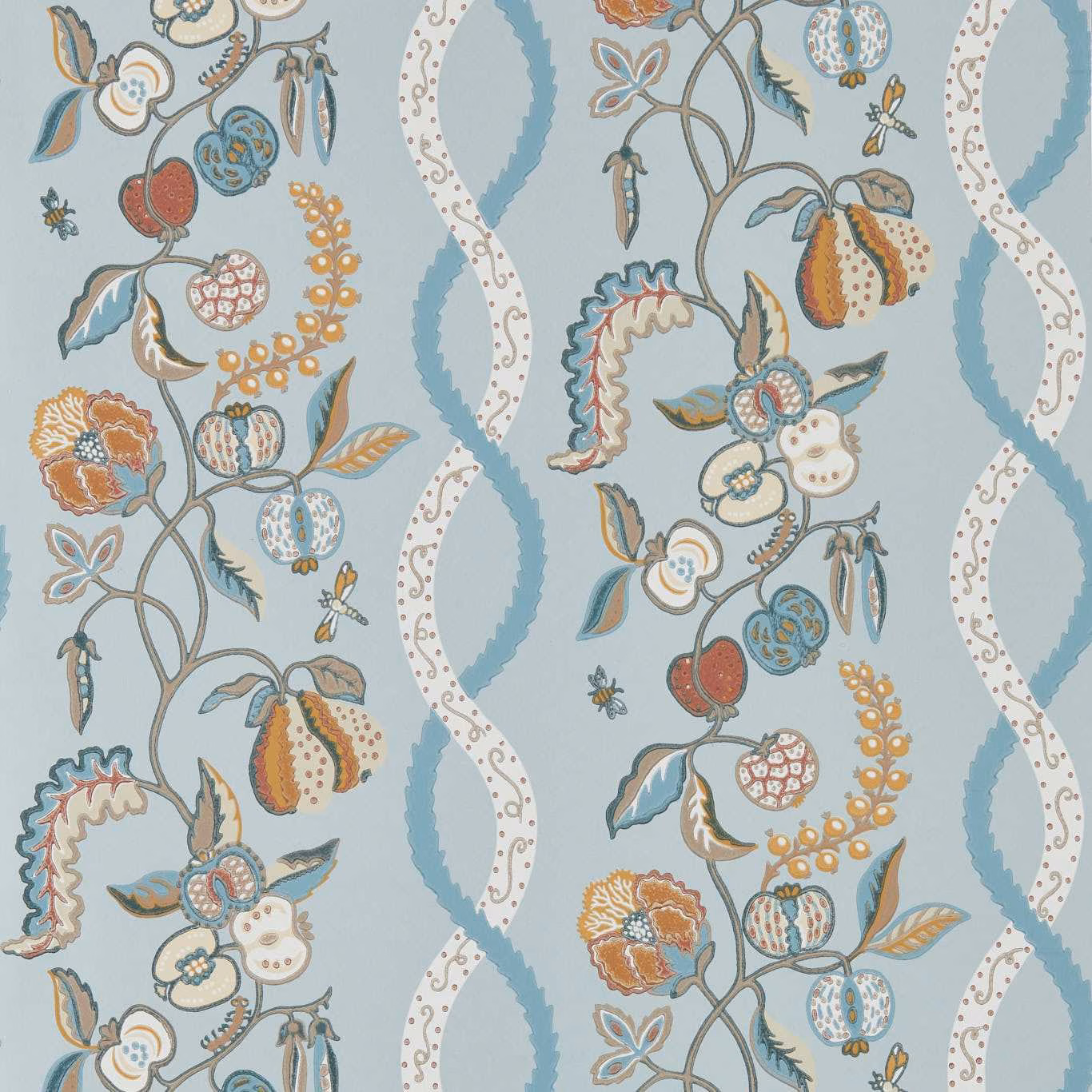 Mineral blue wallpaper with cream loops and illustrated flowers, berries and botanical stems