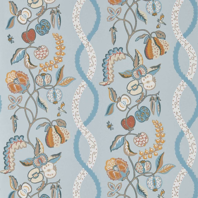 Mineral blue wallpaper with cream loops and illustrated flowers, berries and botanical stems