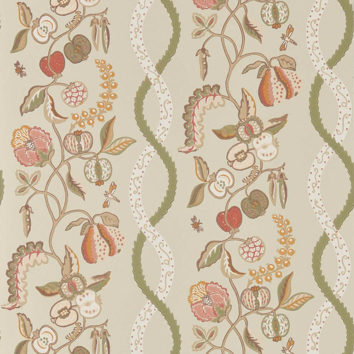 Cream wallpaper swatch with trailing olive-green vines and russet botanical motifs